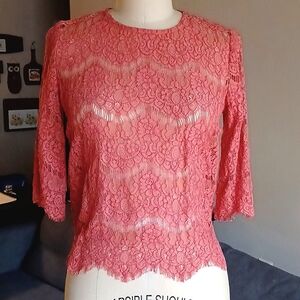 Terra Cotta Pink Eyelash Lace Three Quarter Sleeve Lily White Top